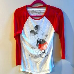 Disney Size Small Mickey Mouse Baseball T-shirt 3/4 Length Sleeves Red/White